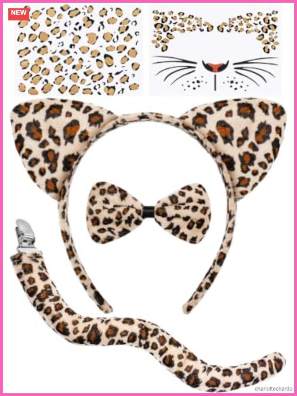 5 PC Leopard Costume Set Ears Tail Tie Face Stickers Fleece Halloween